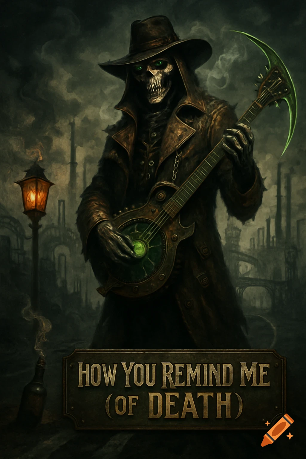 A dark, steampunk-gothic illustration of a skeletal Grim Reaper in a wide-brim hat and weathered coat, holding a glowing green mandolin-like instrument. The background is an industrial wasteland with smokestacks and bridges, lit by a lantern. Text at the bottom reads "HOW YOU REMIND ME (OF DEATH)".
