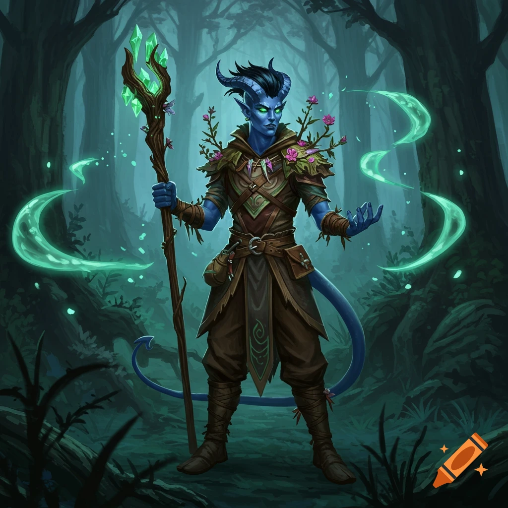 A blue-skinned male tiefling druid with black hair and horns stands in a forest, holding a glowing staff.