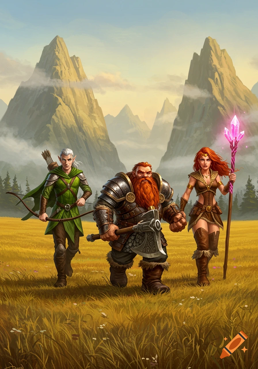 An elf with a bow, a dwarf with an axe, and a barbarian princess with a glowing staff walk through a grassy field towards mountains.