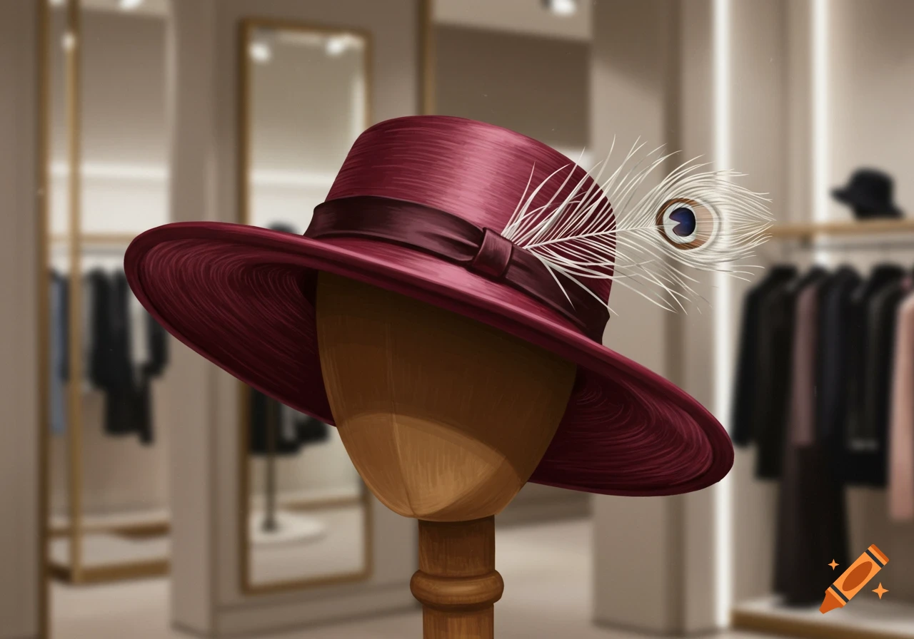 A burgundy wide-brimmed hat with a ribbon and peacock feather on a wooden mannequin head, set in a blurred clothing store background.