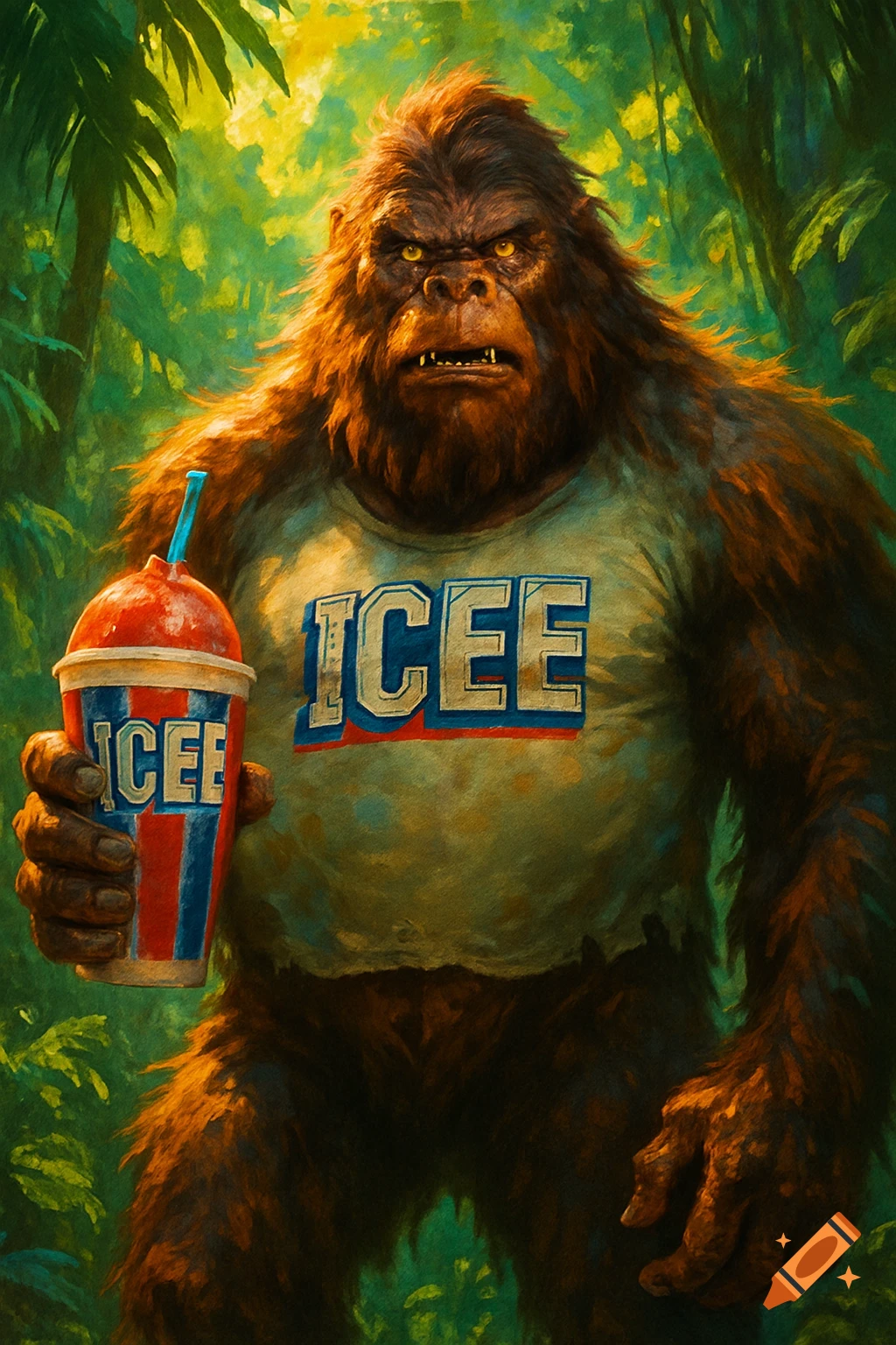 A big, hairy Sasquatch with an angry expression holds an ICEE drink in a jungle setting, wearing an ICEE shirt.