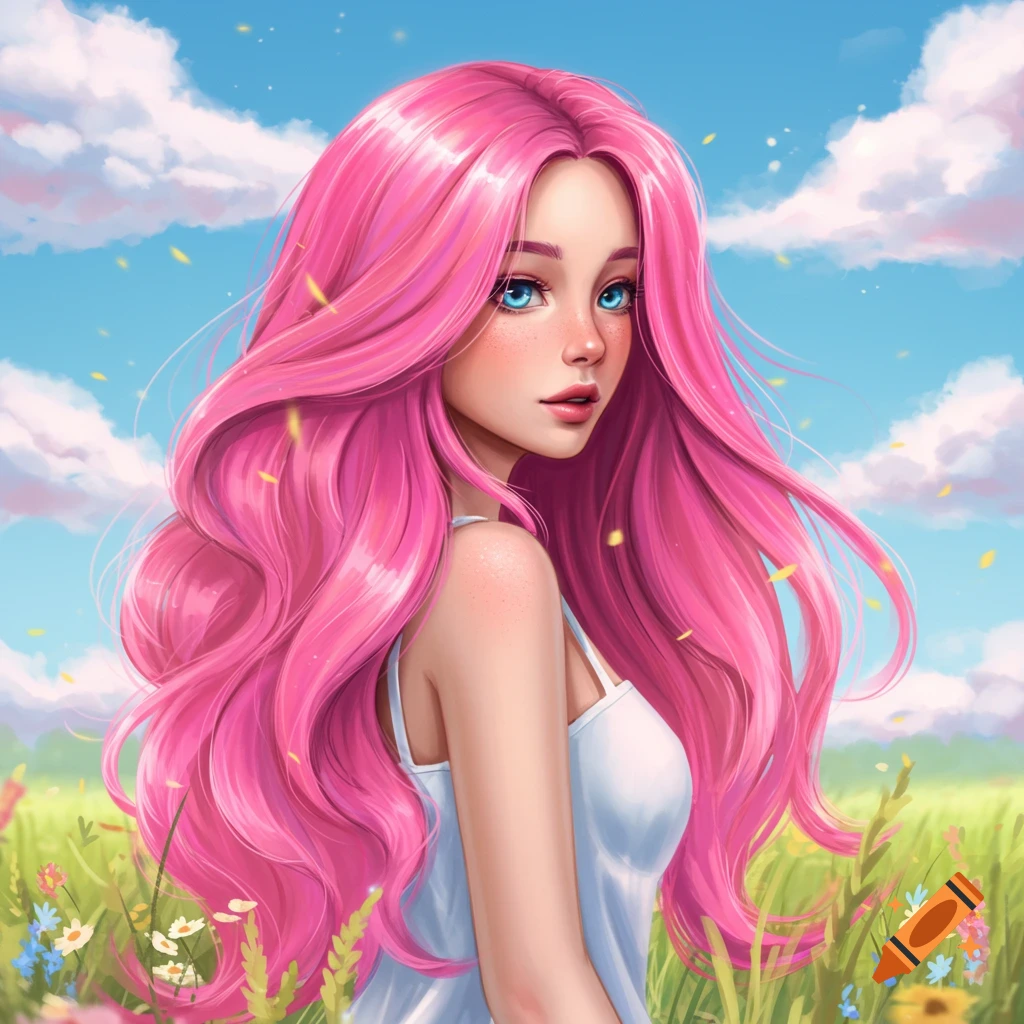 Vibrant digital art portrait of a young woman with long pink hair and blue eyes, in a field under a cloudy sky.