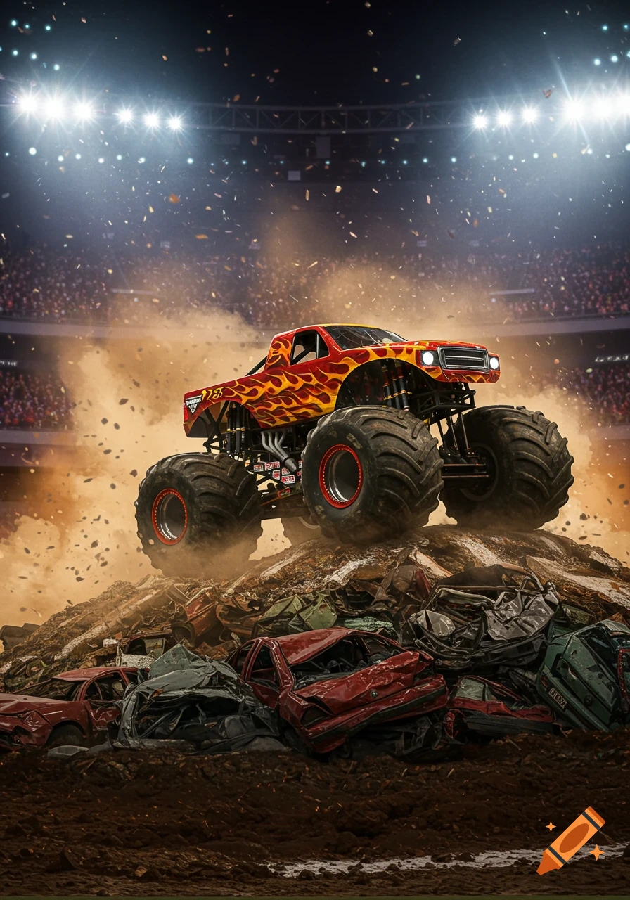 A red monster truck with flame decals crushes a pile of wrecked cars in a dirt arena, illuminated by stadium lights.
