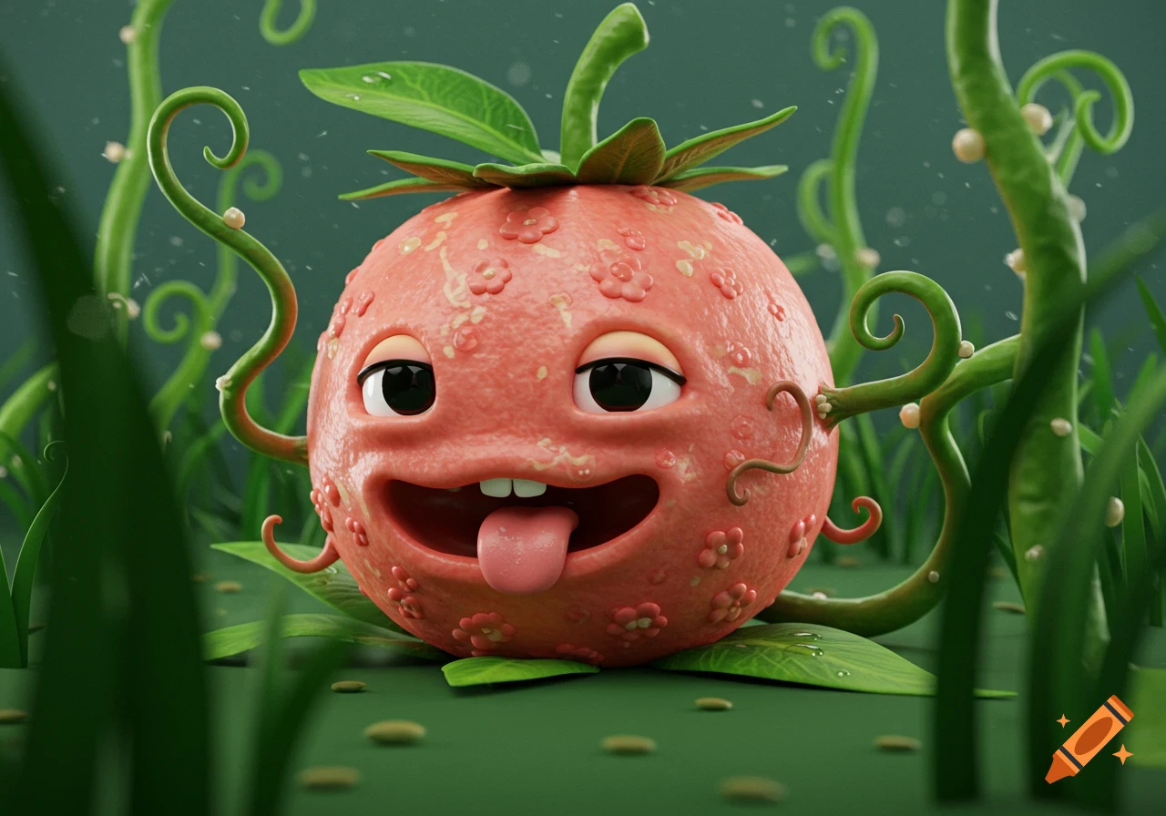 A surreal 3D render of a cartoon fruit creature with a human face, large eyes, and tongue sticking out, surrounded by green vines and leaves.
