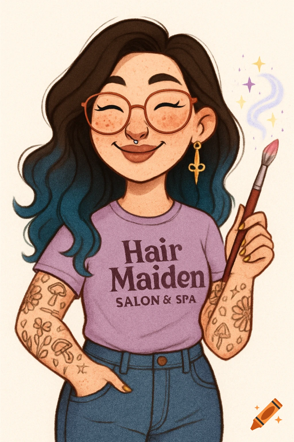 Cartoon portrait of a smiling woman with dark to blue ombre hair, glasses, nose piercing, and arm tattoos, holding a magic-like paintbrush. She wears a lilac t-shirt that says 'Hair Maiden Salon & Spa'.