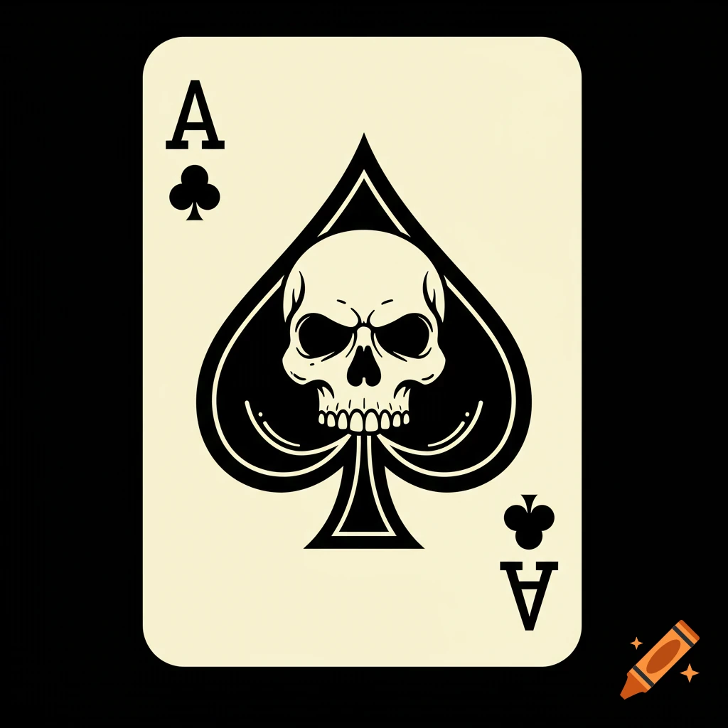 A vintage-style playing card with a cream background, featuring a large black spade symbol with a white skull, and "A" and a club symbol in the corners.
