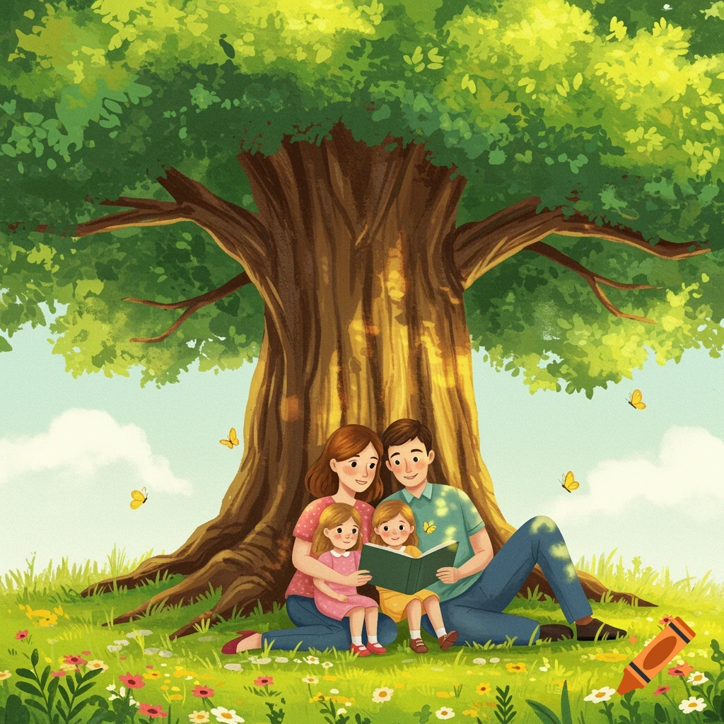 A cartoon illustration of a family reading a book under a big tree in a field of flowers.
