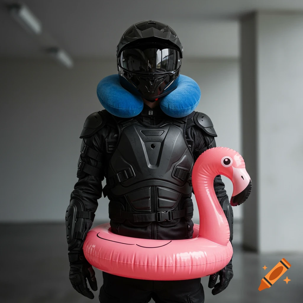 A person in a black motorcycle helmet, protective gear, a blue neck pillow, and a pink inflatable flamingo ring around their waist.