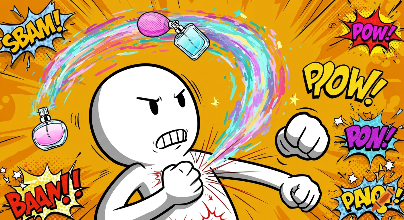 Cartoon character gets punched and sprayed with perfume in a vibrant comic book scene with 'SBAM!', 'POW!' sound effects.