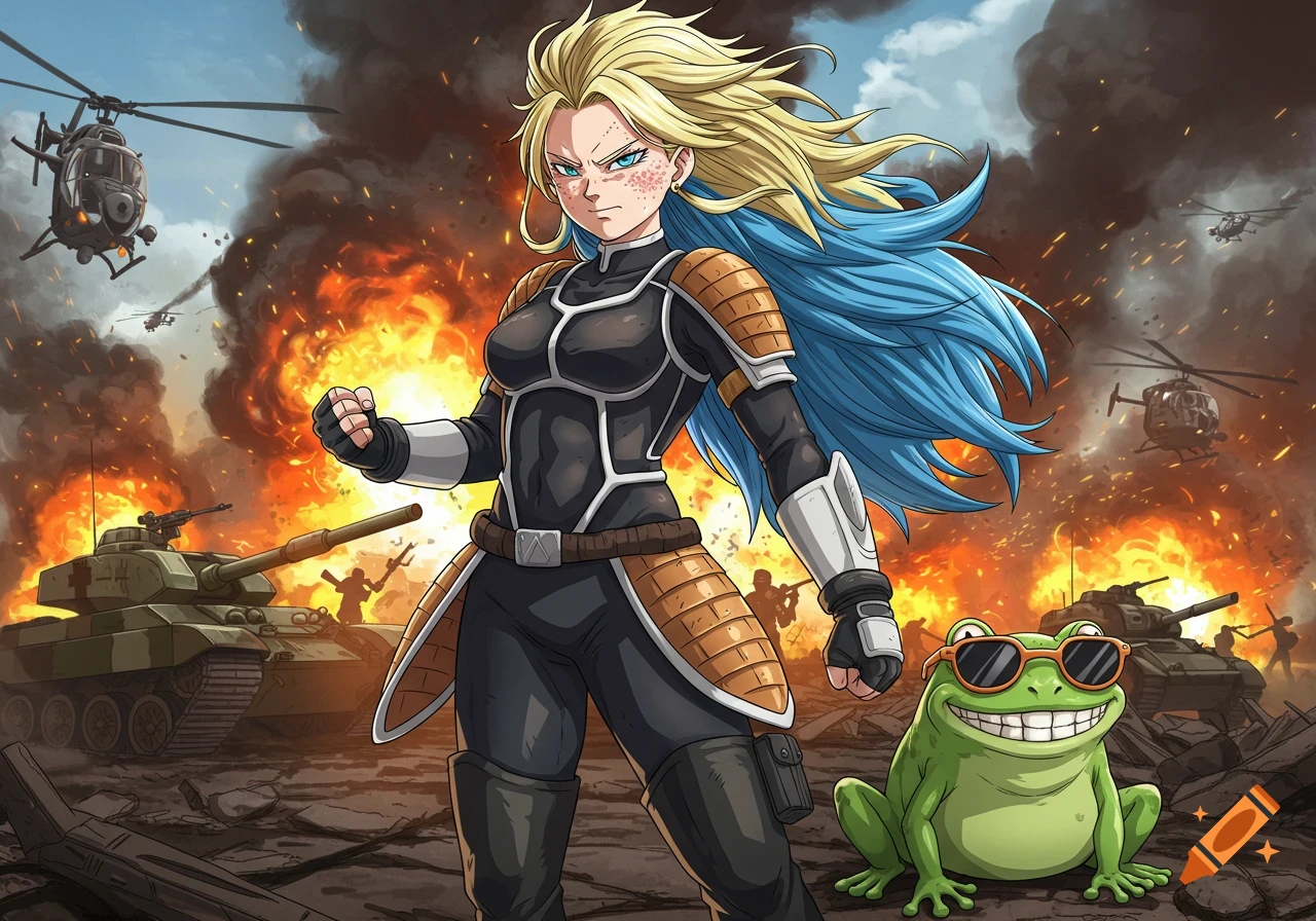 Anime warrior with blonde and blue hair and a frog in sunglasses amidst a war-torn landscape with tanks and explosions.