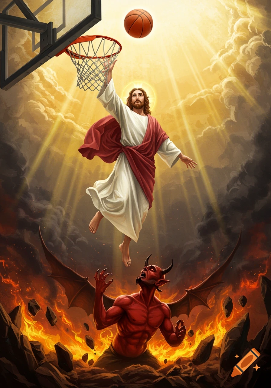 Jesus dunks a basketball from heavenly light over a screaming red devil in fiery hell, dramatic digital art.