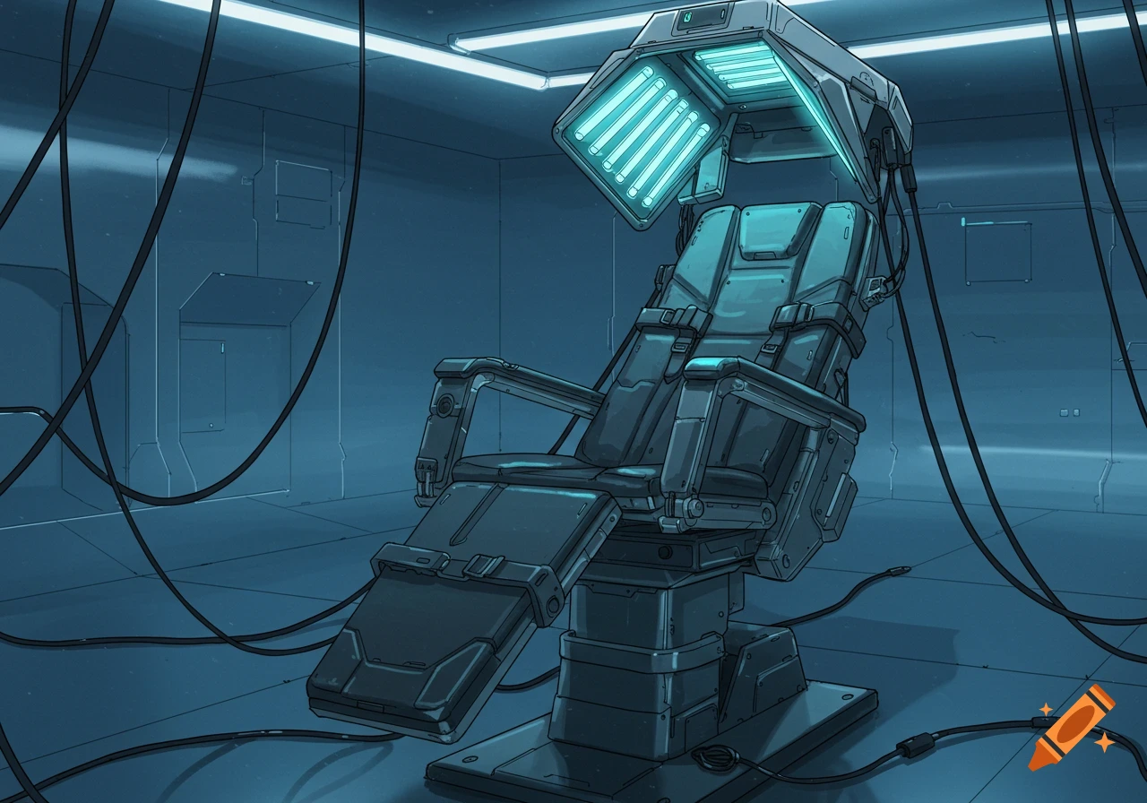 Illustrated futuristic restraint chair with a lit hood and cables in a minimalist blue-toned room.