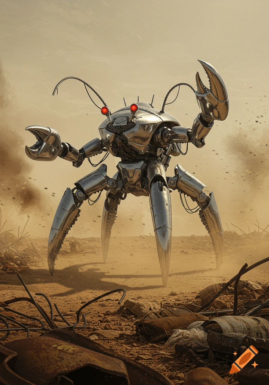 A menacing, photorealistic metallic robot crab stands in a dusty, debris-filled wasteland, its red eyes glowing.