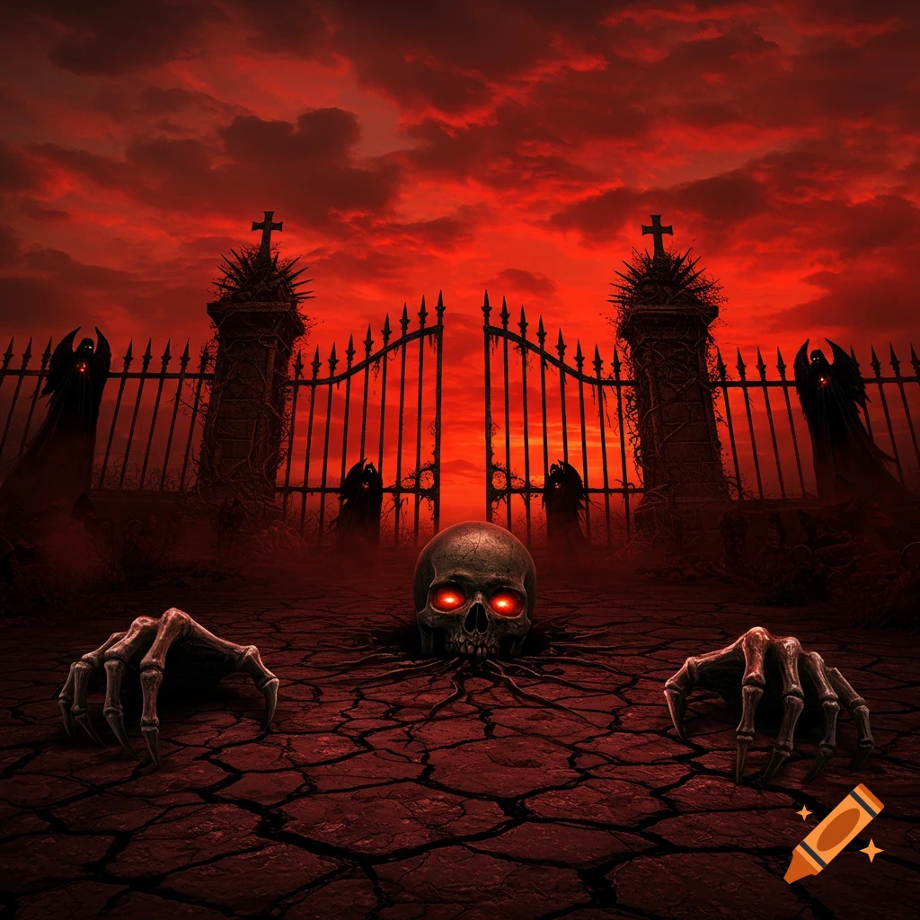 A skull with glowing red eyes and skeletal hands emerge from cracked earth before a gothic gate under a blood-red sky with shadowy figures. Dark, stylized art.
