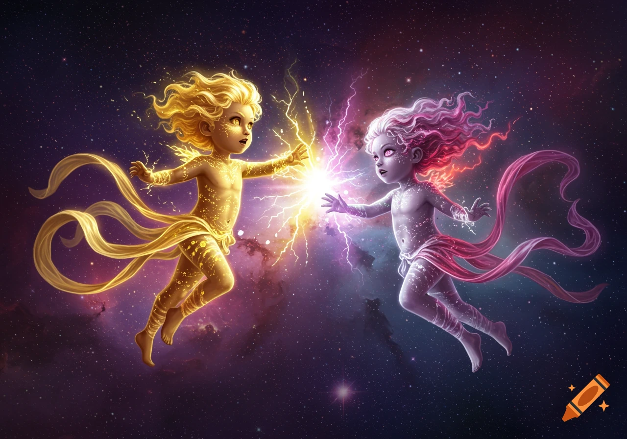 Two childlike figures with glowing gold and pink energy, conjuring lightning bolts as they float in a starry space. Fantasy art.