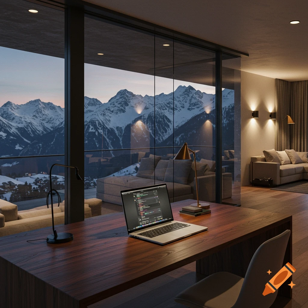 A modern room with a large window overlooking snow-capped mountains. A laptop is on a wooden desk with warm lighting.