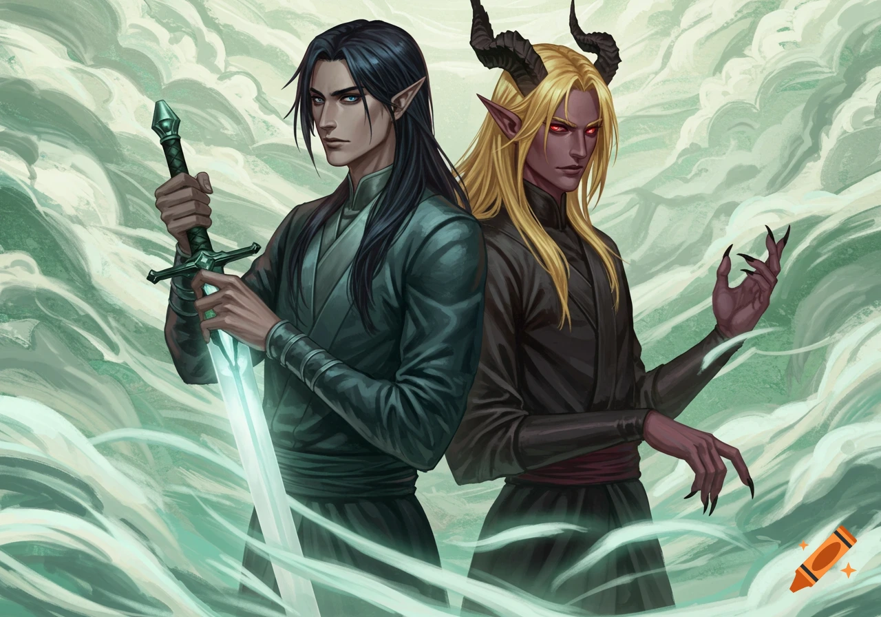 Two male fantasy characters. One with dark hair and a glowing sword, the other with blonde hair, horns, and red eyes, stand back-to-back amidst wispy green clouds.