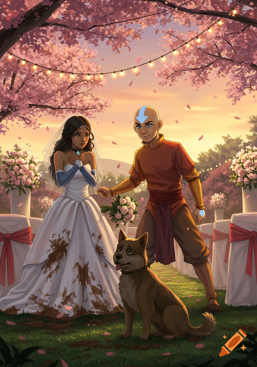 Katara in a muddy wedding dress cries as Aang looks furiously at a dog at an outdoor wedding under cherry blossoms. Anime style.