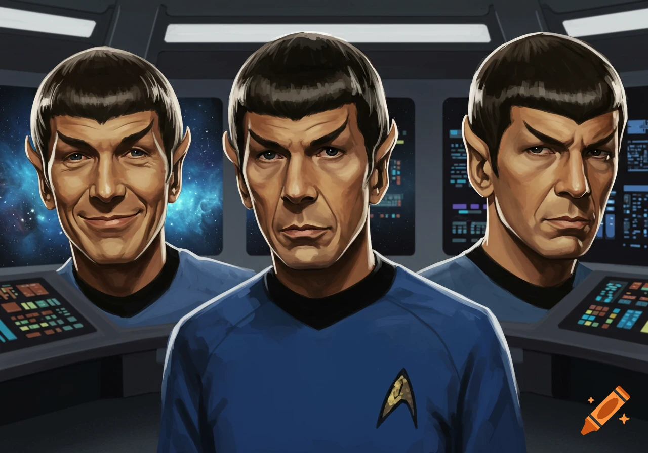 Illustration of three versions of Spock from Star Trek, showing happy, pensive, and displeased expressions on a starship bridge.