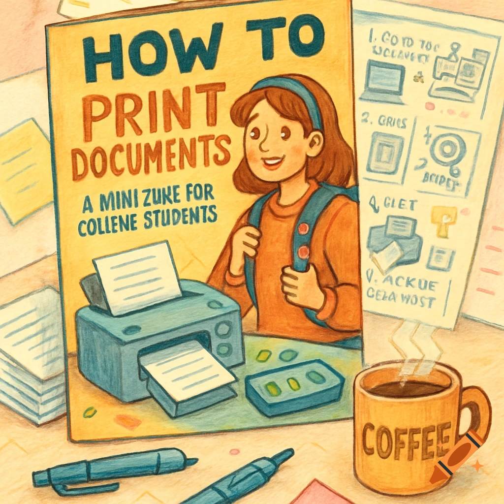 An illustration of a mini zine titled "How to Print Documents" with a smiling girl, a printer, a coffee mug, and papers on a desk.