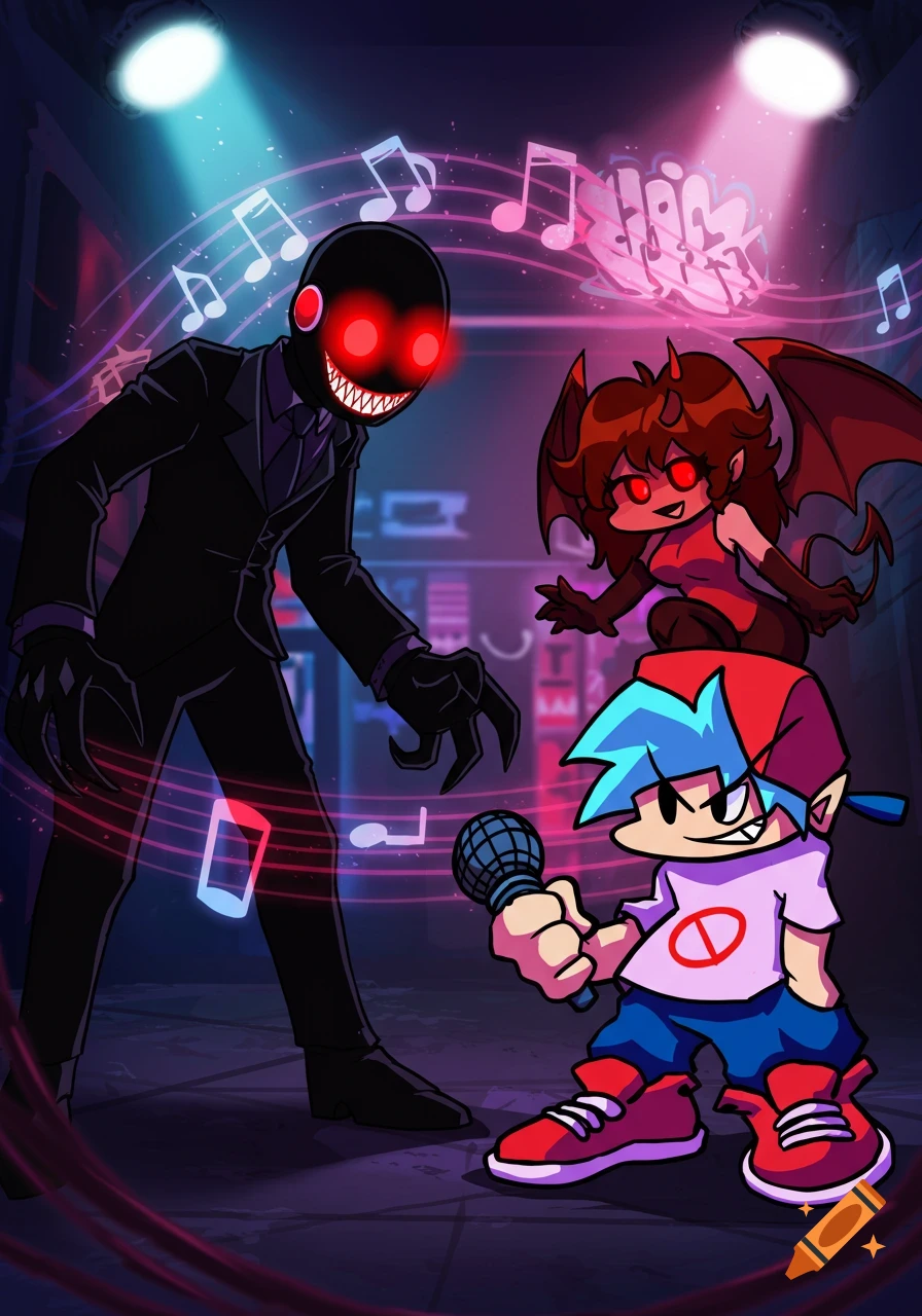 Boyfriend and demon Girlfriend from Friday Night Funkin' rap battling the Black Imposter from Among Us on a stage with glowing music notes.