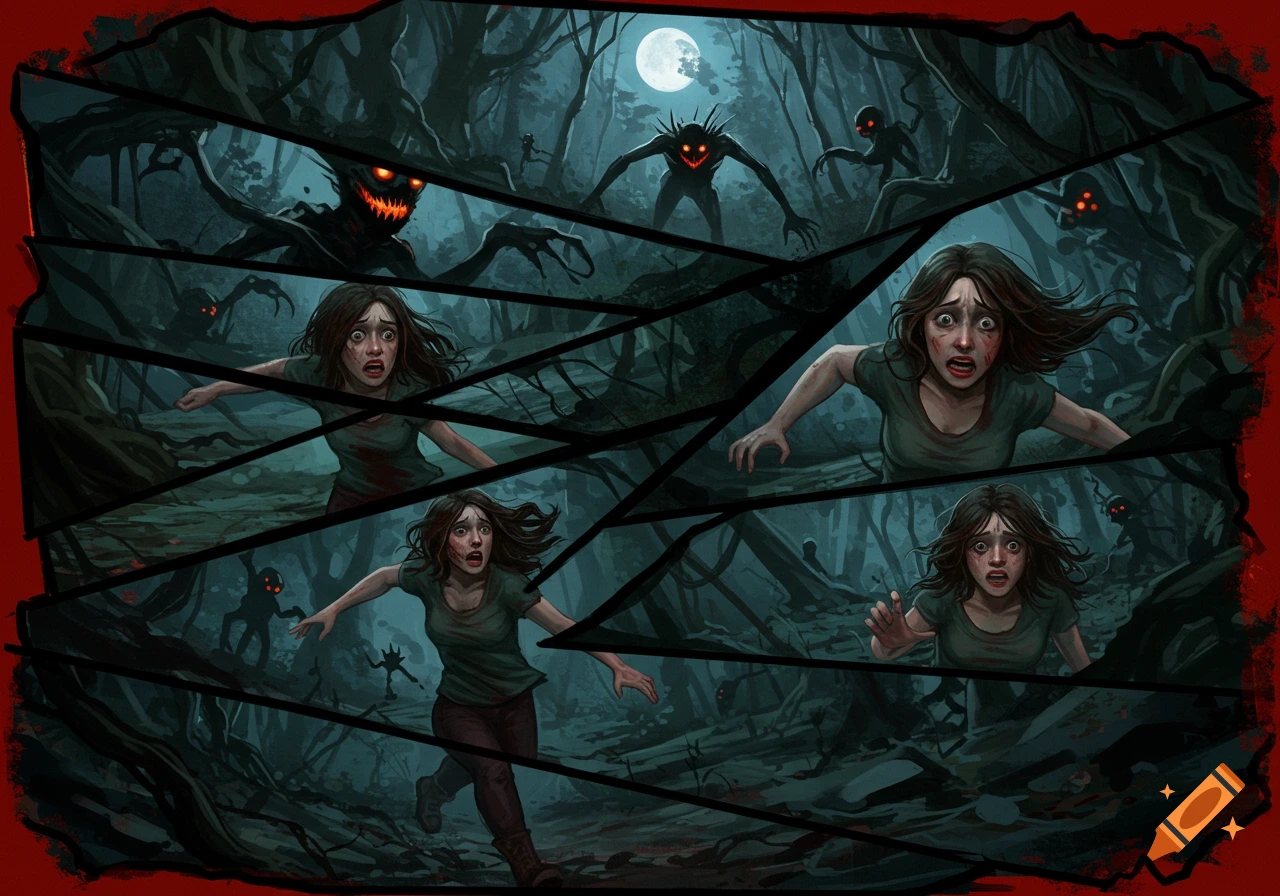 Multi-panel horror comic shows a terrified woman running through a dark forest, pursued by shadowy monsters with glowing eyes.