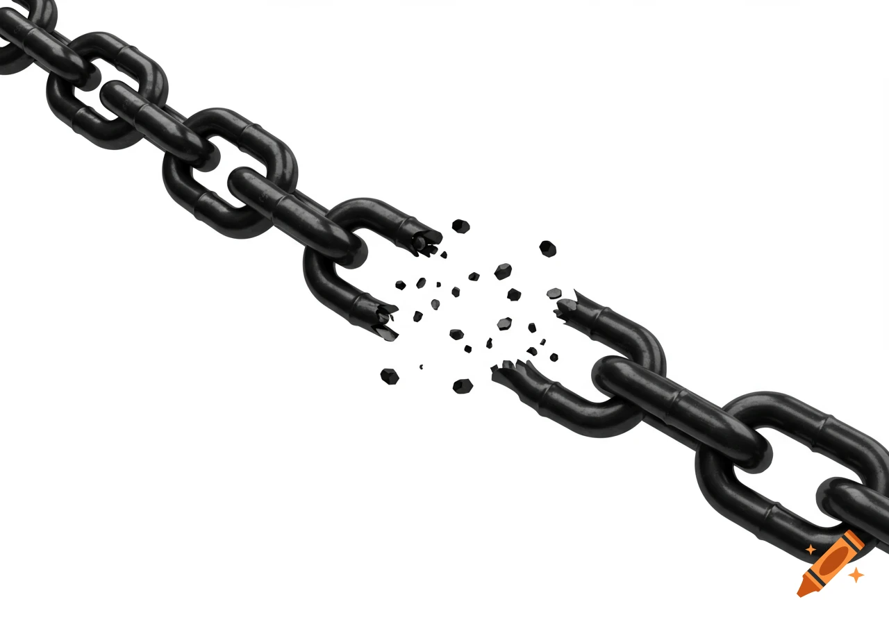 A glossy black metal chain breaking in the middle, with fragments scattering on a white background.