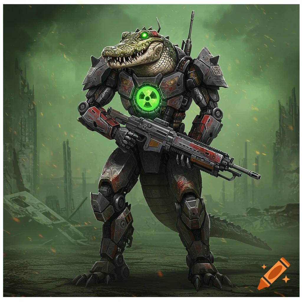 A battle-scarred, Transformer-style alligator mech commander with a glowing radioactive core on its chest, holding a futuristic rifle in a desolate post-apocalyptic setting.