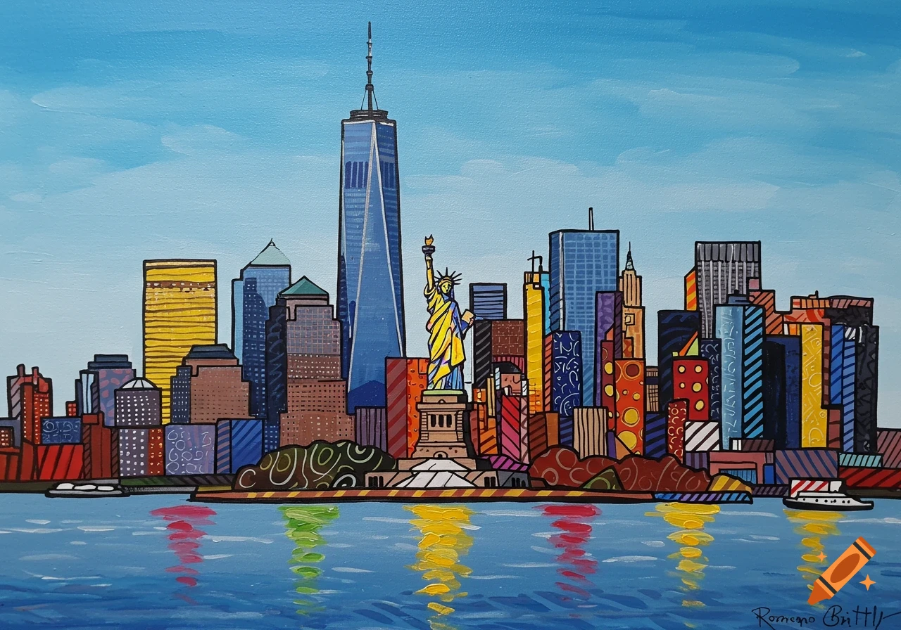 Vibrant pop art painting of the New York City skyline featuring the Statue of Liberty and One World Trade Center.