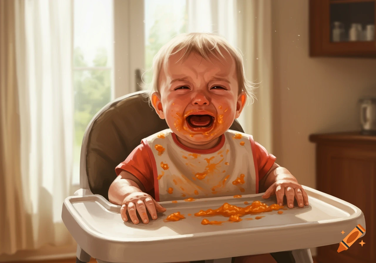 A crying baby in a high chair, covered in orange food, with a bright window in the background.