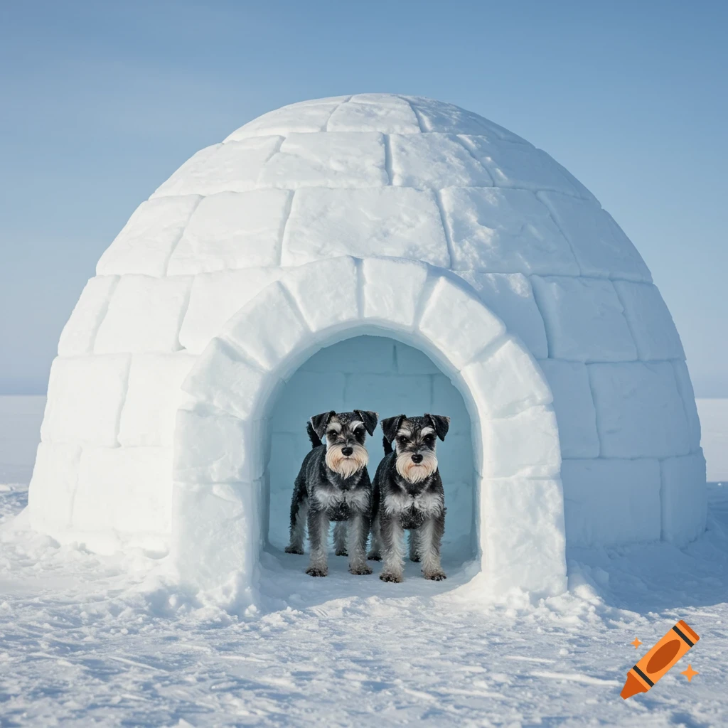 Two miniature schnauzer dogs stand inside a snowy igloo in a bright, photorealistic winter landscape.