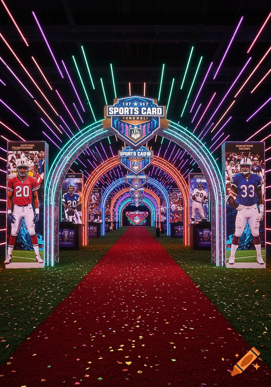 A vibrant, futuristic entrance to a sports card show with neon arches, athlete cutouts, and a red carpet.
