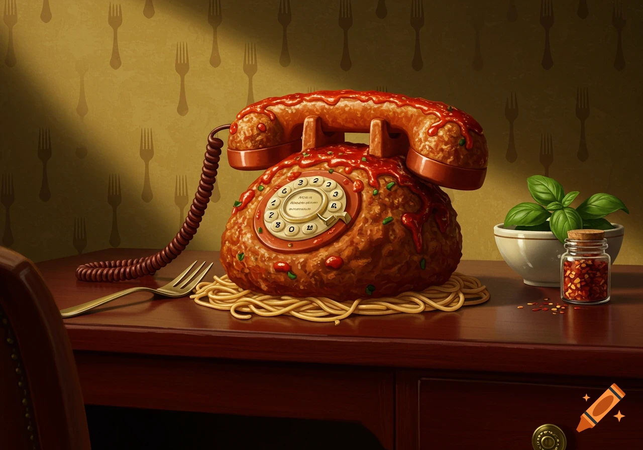 A whimsical meatball telephone with spaghetti noodles, sauce, basil, and chili flakes on a wooden desk.