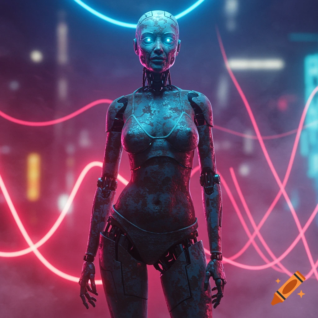 Rusted robot woman in a bikini with glowing eyes against a blurry neon-lit cyberpunk city.