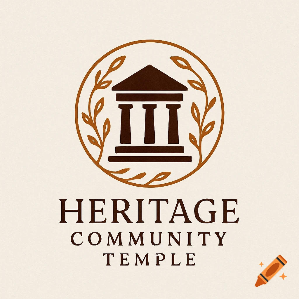 Logo for Heritage Community Temple featuring a stylized building with columns inside a circular wreath, in brown on an off-white background.