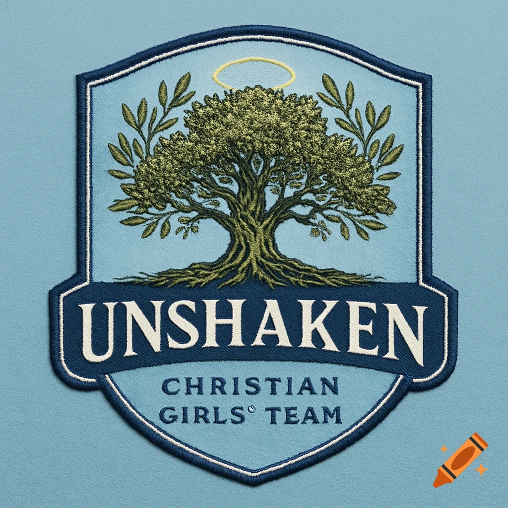 An embroidered shield logo with a tree and olive branches, a yellow halo, and the text "UNSHAKEN CHRISTIAN GIRLS TEAM" on a light blue background.