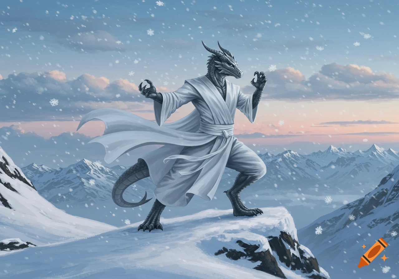 A silver dragonborn monk in white robes stands in a fighting stance on a snowy mountaintop with snowflakes falling.