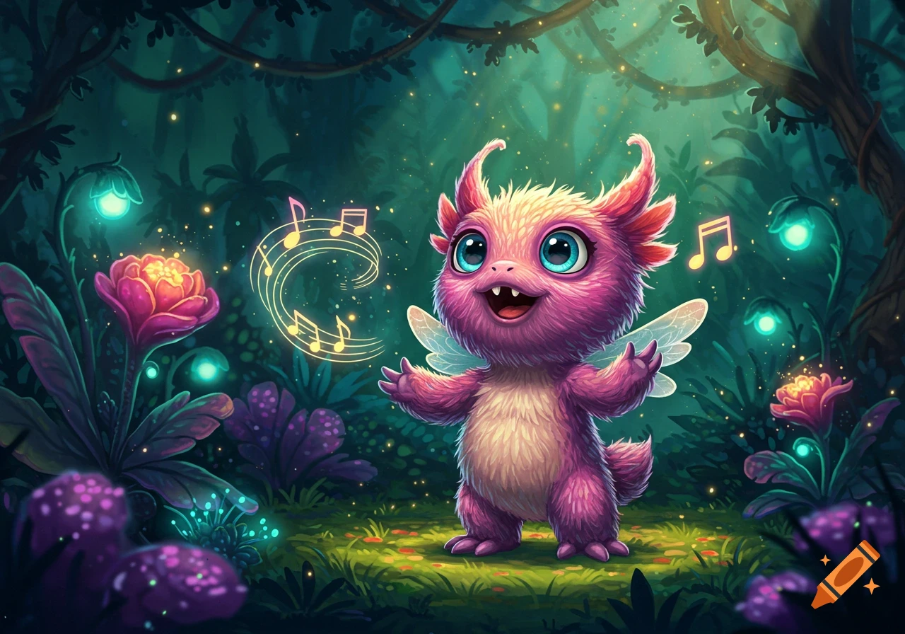 A cute, fluffy pink monster with blue eyes and small wings sings in a glowing, magical forest with musical notes floating around it. Digital art.