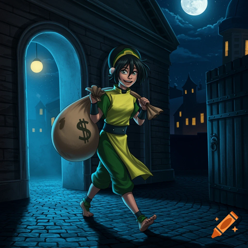 Toph from Avatar tiptoeing away from a bank at night with a large money bag, smiling greedily, in an anime style.