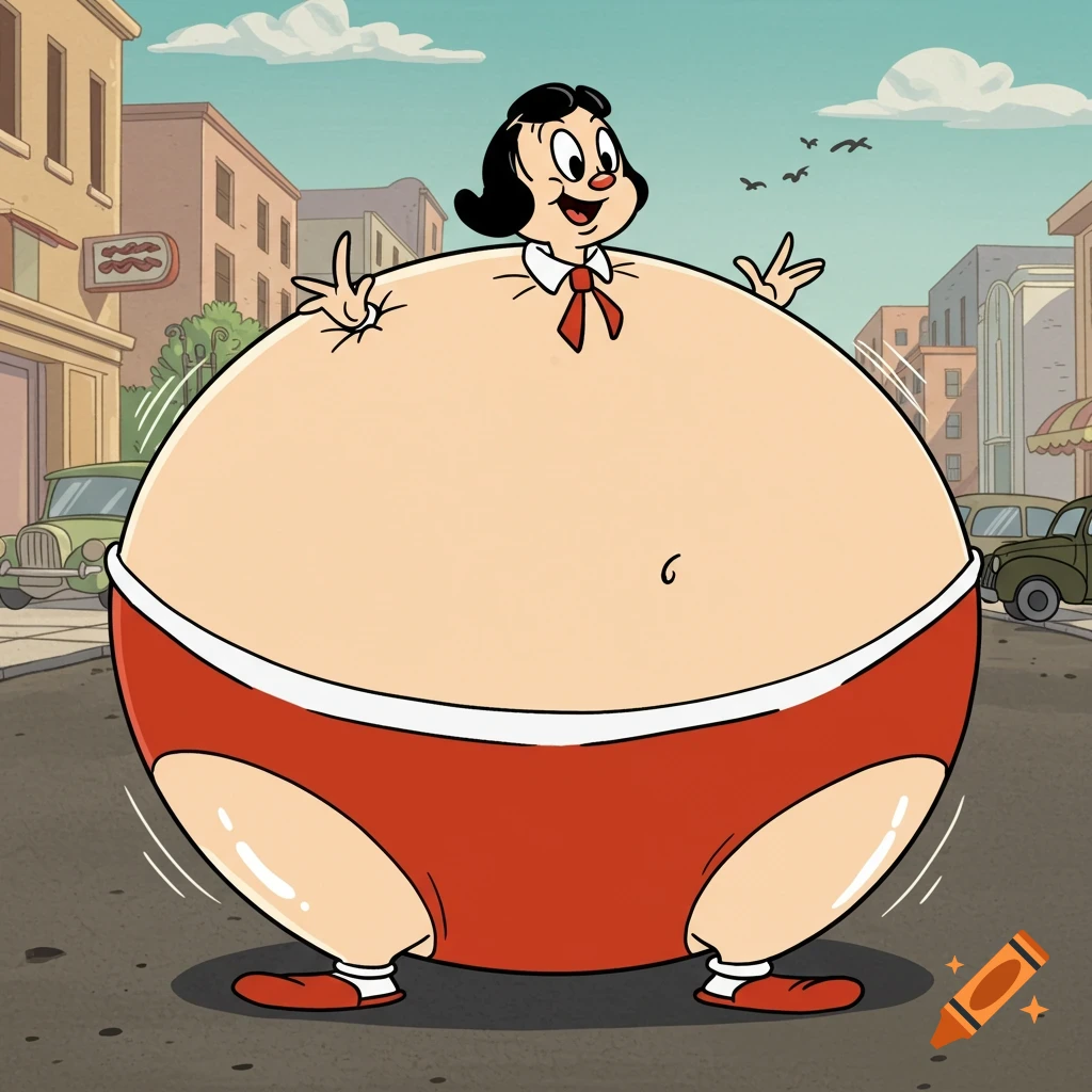 Olive Oyl cartoonishly inflated to a giant, spherical shape, standing in a city street.