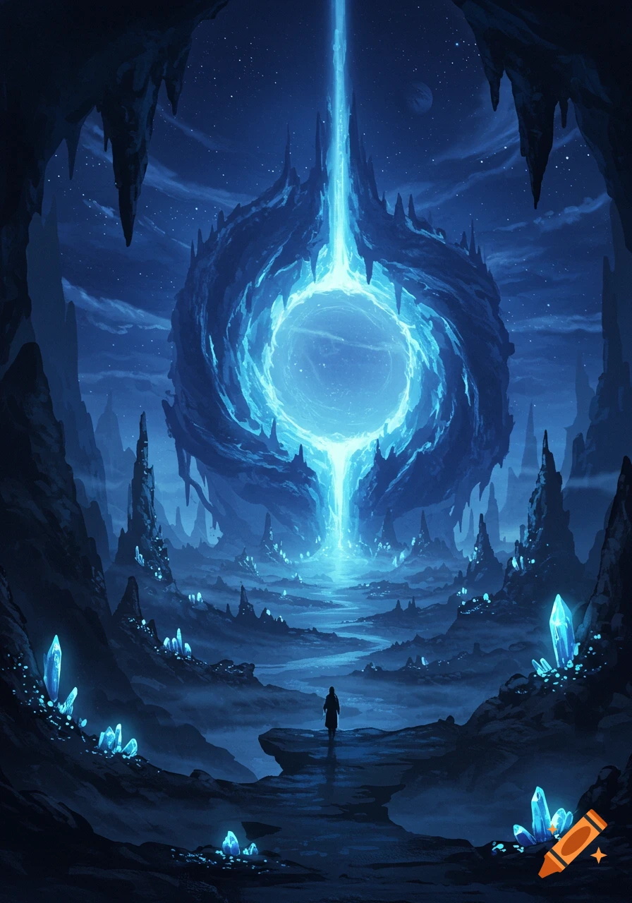 A lone figure stands in a dark, cave-filled landscape under a starry sky, looking at a massive, glowing blue vortex portal.