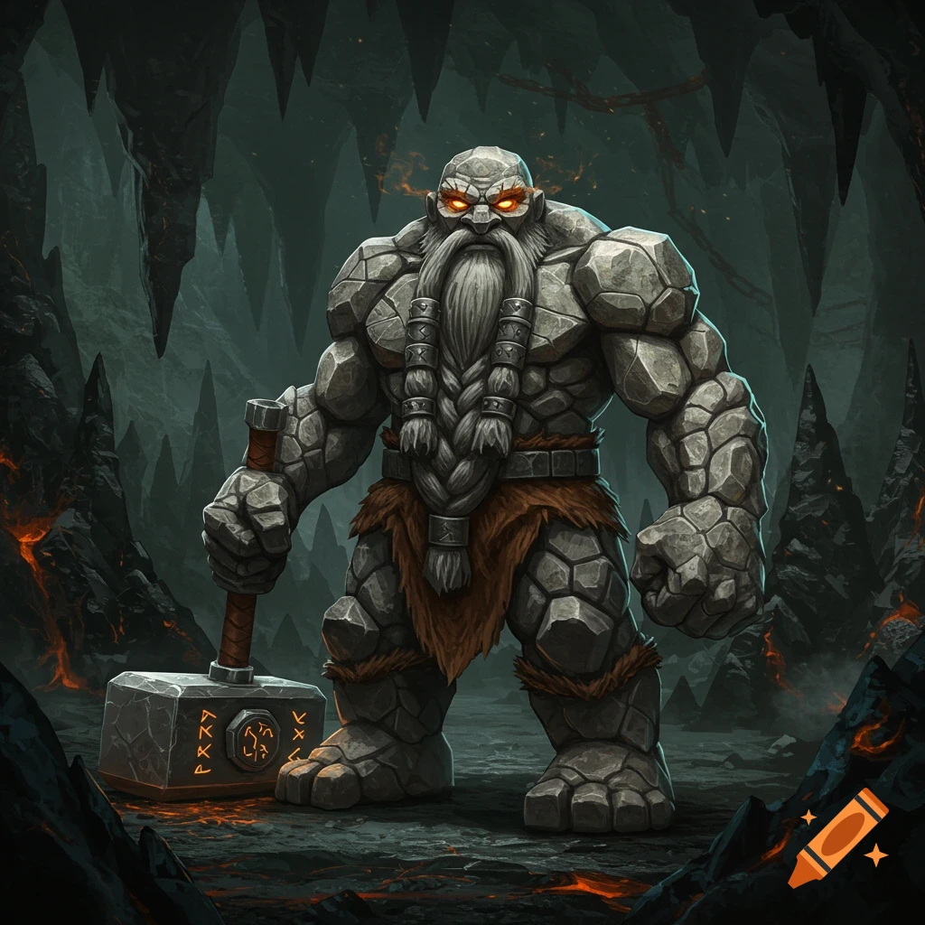 A large, muscular stone dwarf with a braided beard, glowing eyes, and fur skirt stands in a dark cave, holding a runic hammer.