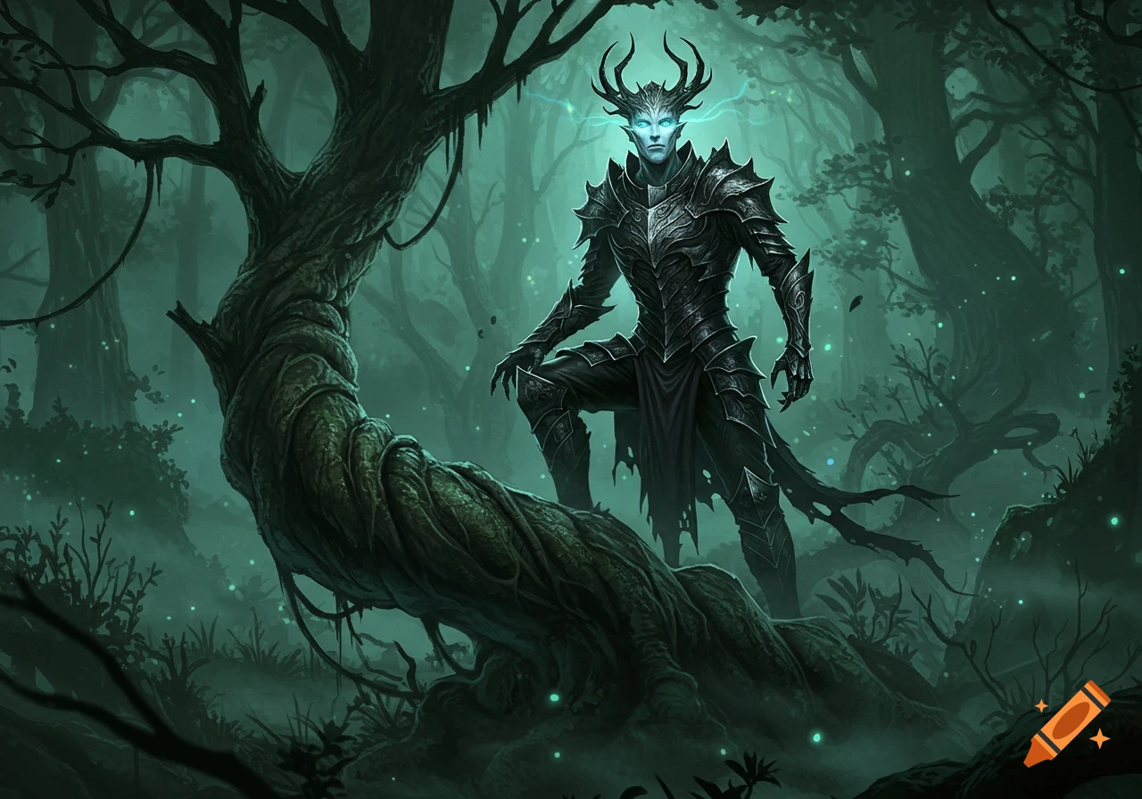 A dark fantasy creature with glowing blue eyes and black horned armor stands on a twisted tree root in a misty, ethereal forest.