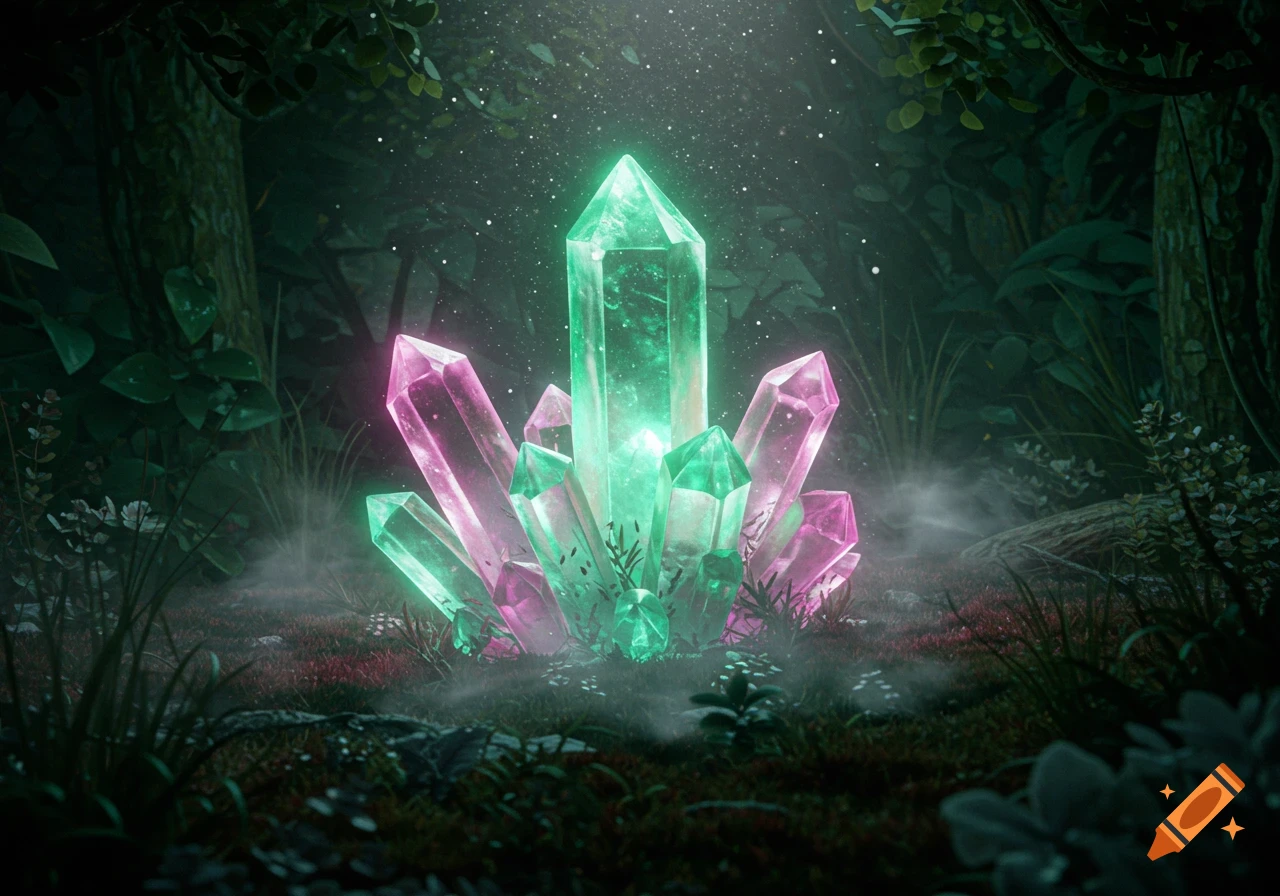 A mystical cluster of glowing green and pink crystals in a dark, misty fantasy forest, with light filtering from above.