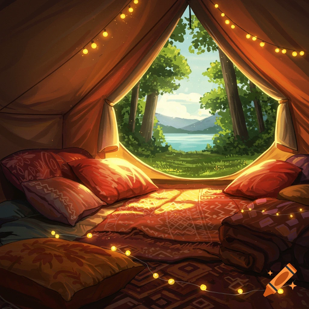 Inside a cozy camping tent filled with pillows and blankets, looking out at a serene lake and forest landscape, digital illustration.