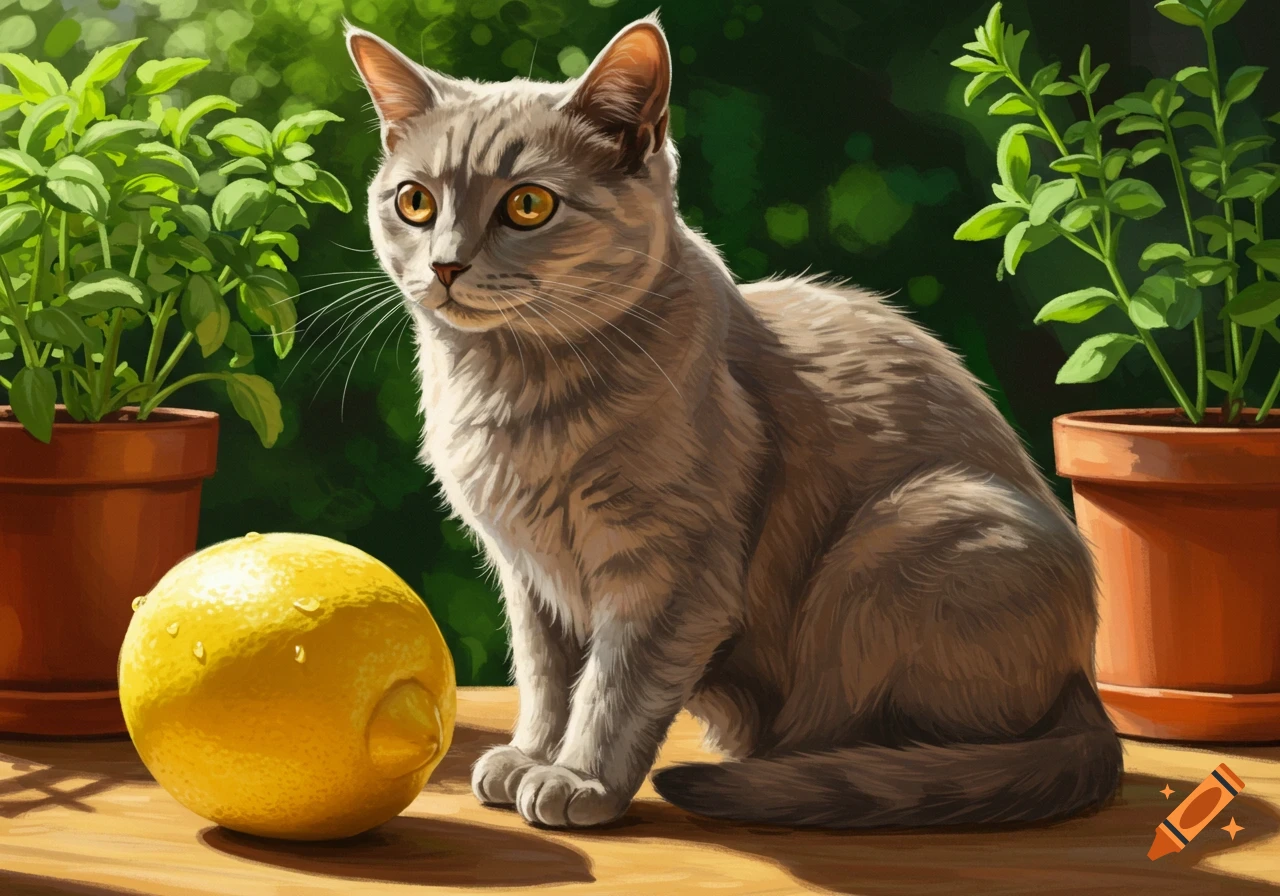 A grey cat with orange eyes sits on a wooden surface next to a yellow lemon. Green potted plants are in the background, in a bright, painterly style.