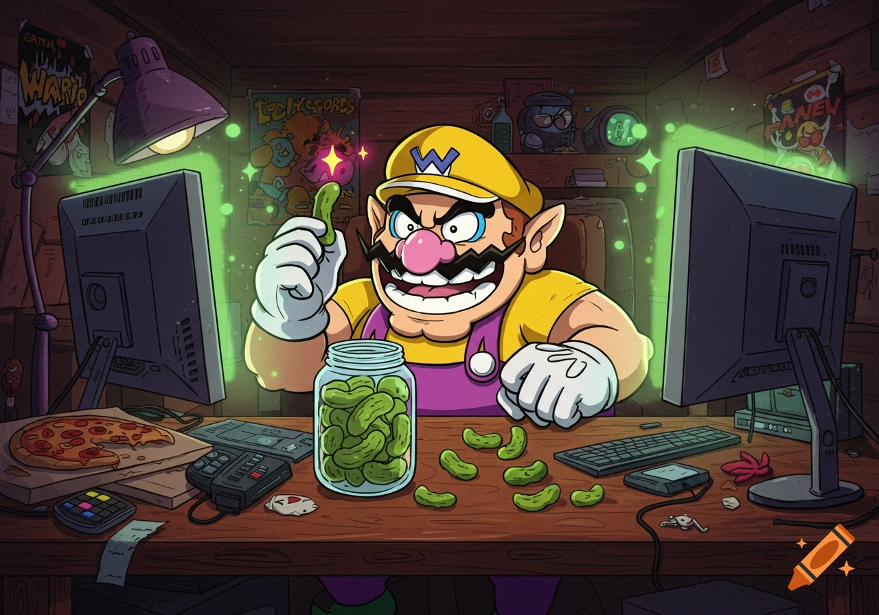 Wario, a cartoon character, sits at a desk with two computer monitors, holding a pickle above a jar of pickles. A pizza is nearby.