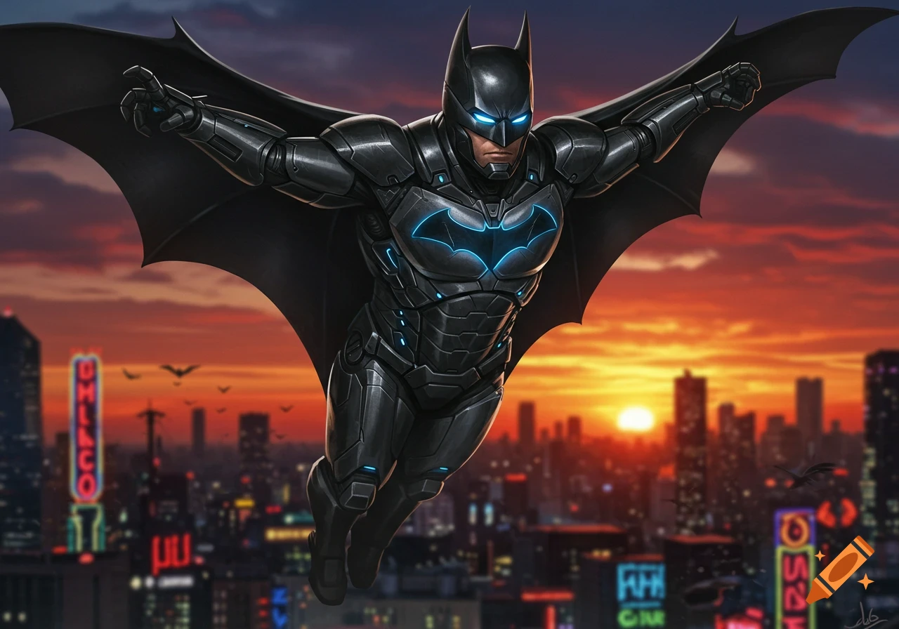 Batman in a glowing blue armored suit with a cape flying over a city skyline at sunset, comic art style.