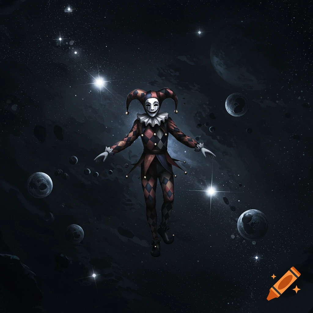 A jester with a white mask and a harlequin costume floats in a dark, star-filled cosmic space with planets and asteroids.