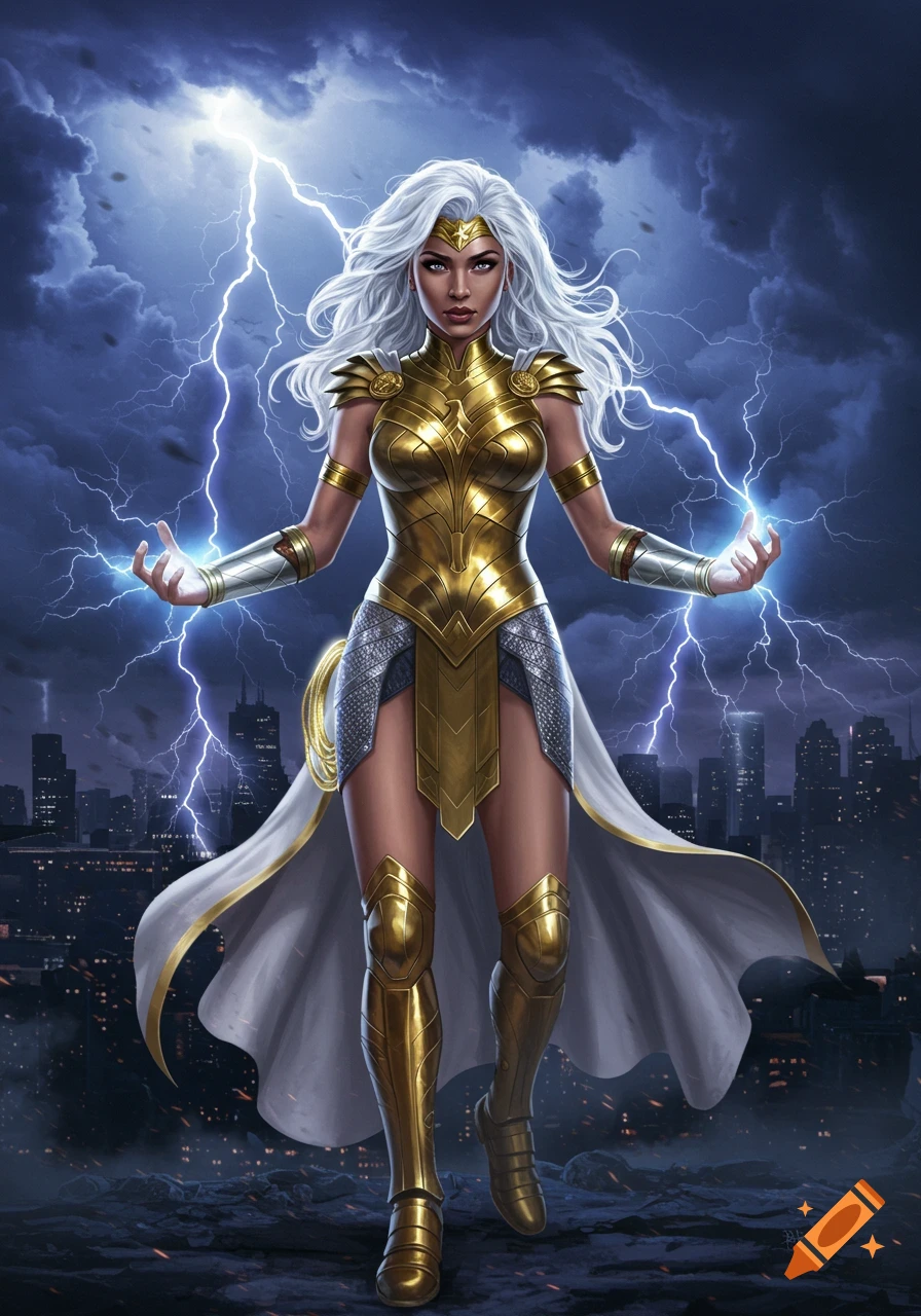 A powerful female superhero with white hair and golden armor generates lightning over a dark city skyline.